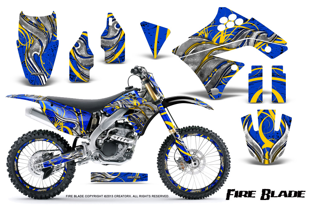 Kawasaki KX250F 09-12 Graphics Kit Fire Blade Yellow Blue NP Rims